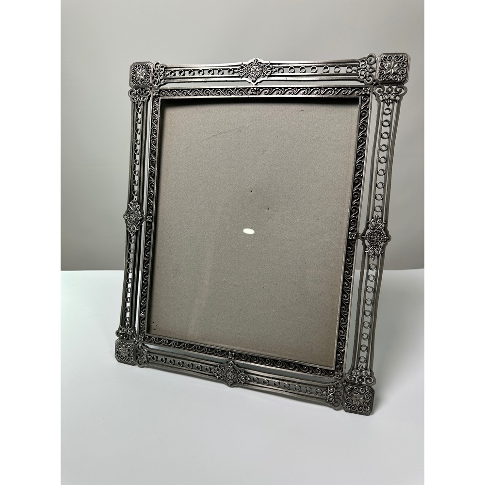 Vintage Large Heavy Ornate Pewter Silver Tone Photo Frame 8x10 Filigree Detail
